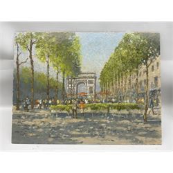 William Burns (Northern British 1923-2010): 'Meeting for Coffee - Champs-Élysées', oil on board signed, titled verso 30cm x 40cm (unframed) Provenance: Direct from the family of the artist. 
Notes: Born in Sheffield in 1923, William Burns RIBA FSAI FRSA studied at the Sheffield College of Art before the outbreak of the Second World War, during which he helped illustrate the official War Diaries for the North Africa Campaign, and was elected a member of the Armed Forces Art Society. On his return, he studied architecture at Sheffield University and later ran his own successful practice, being a member of the Royal Institute of British Architects. However, painting had always been his self-confessed 'first love', and in the 1970s he gave up architecture to become a full-time artist, having his first one-man exhibition in 1979.