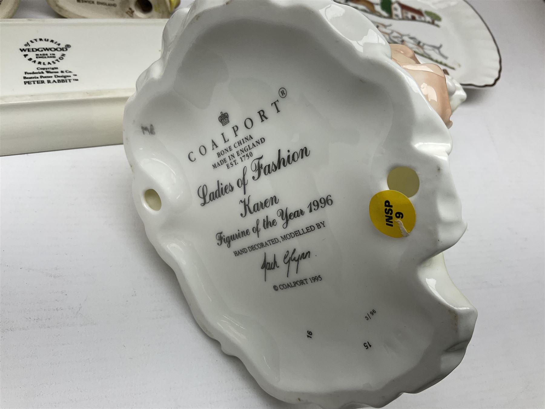 Collection of ceramics including Wedgwood Hunting Scenes clock, trinket box and other items, Coalport Karen and Beatrix potter figures and dish 