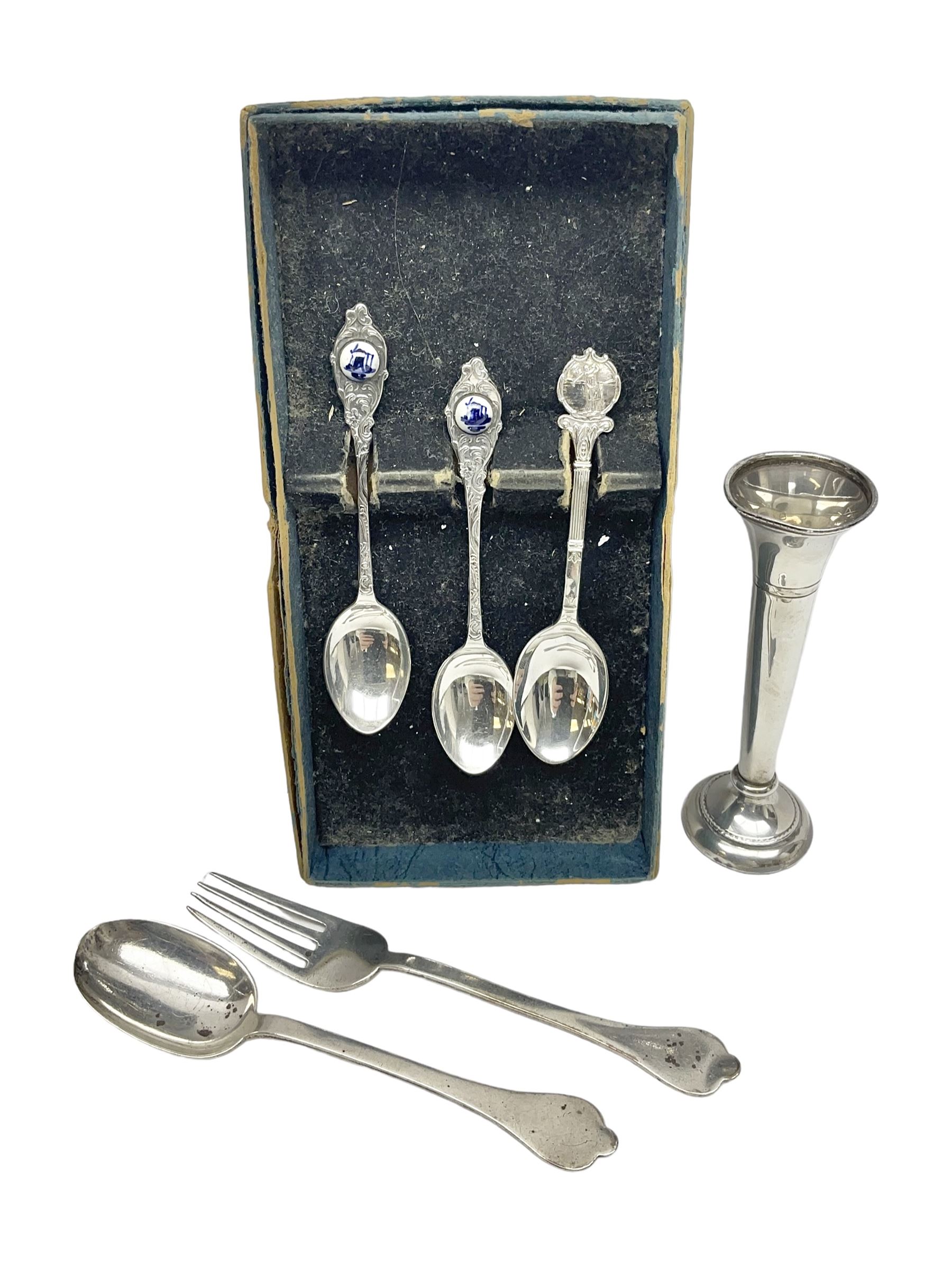 Modern silver specimen vase, of trumpet form, upon tapering knopped stem and weighted circular foot, hallmarked A T Cannon Ltd, Birmingham, date mark worn and indistinct, together with a Edwardian silver Dog Nose pattern fork and spoon set, hallmarked John Round & Son Ltd, Sheffield 1904, a silver coffee spoon, embossed with a golfing scene, hallmarked and two other spoons