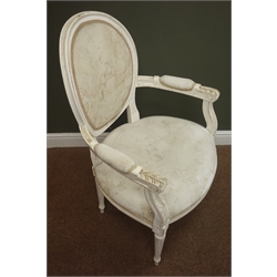  French style white elbow chair, upholstered back and seat, carved arms, turned and reeded supports, W60cm  