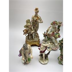 A group of assorted figures, to include a 19th century pottery figural group modelled as a flower seller with child upon her back stood before bocage, H18.5cm, a 19th century porcelain cherub candlestick modelled as Autumn, a Derby style figure modelled as a classical female, a French model of a Dove with spurious marks beneath, and two further figures modelled as Zeus and Poseidon, each with spurious anchor mark, etc.   