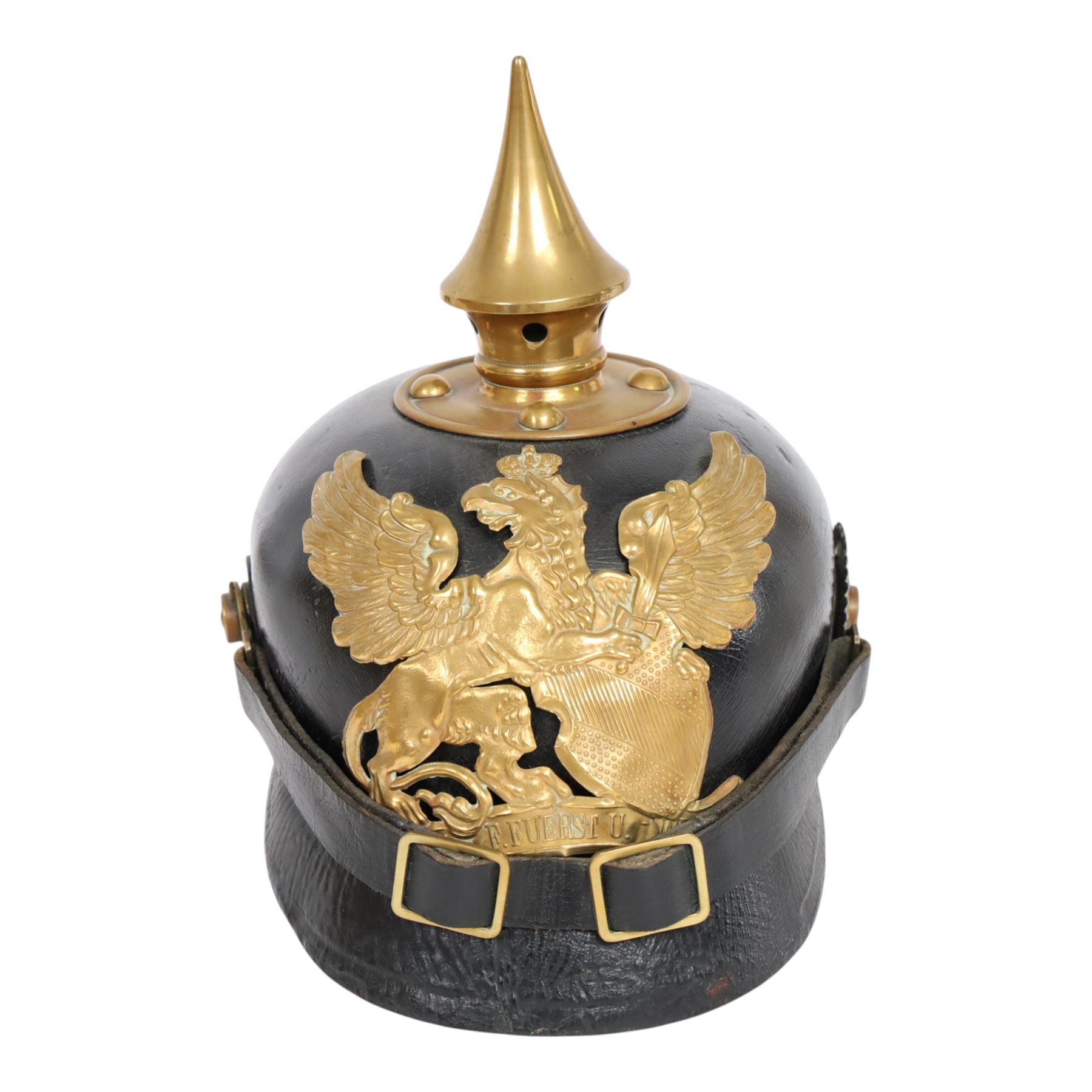 WWI Prussian M1895 Pickelhaube, Infantry 48 3rd battalion, the black leather skull with brass spike finial, brass eagle helmet plate and leather chin strap, one side with a black cockade, with leather lining  marked JR48 