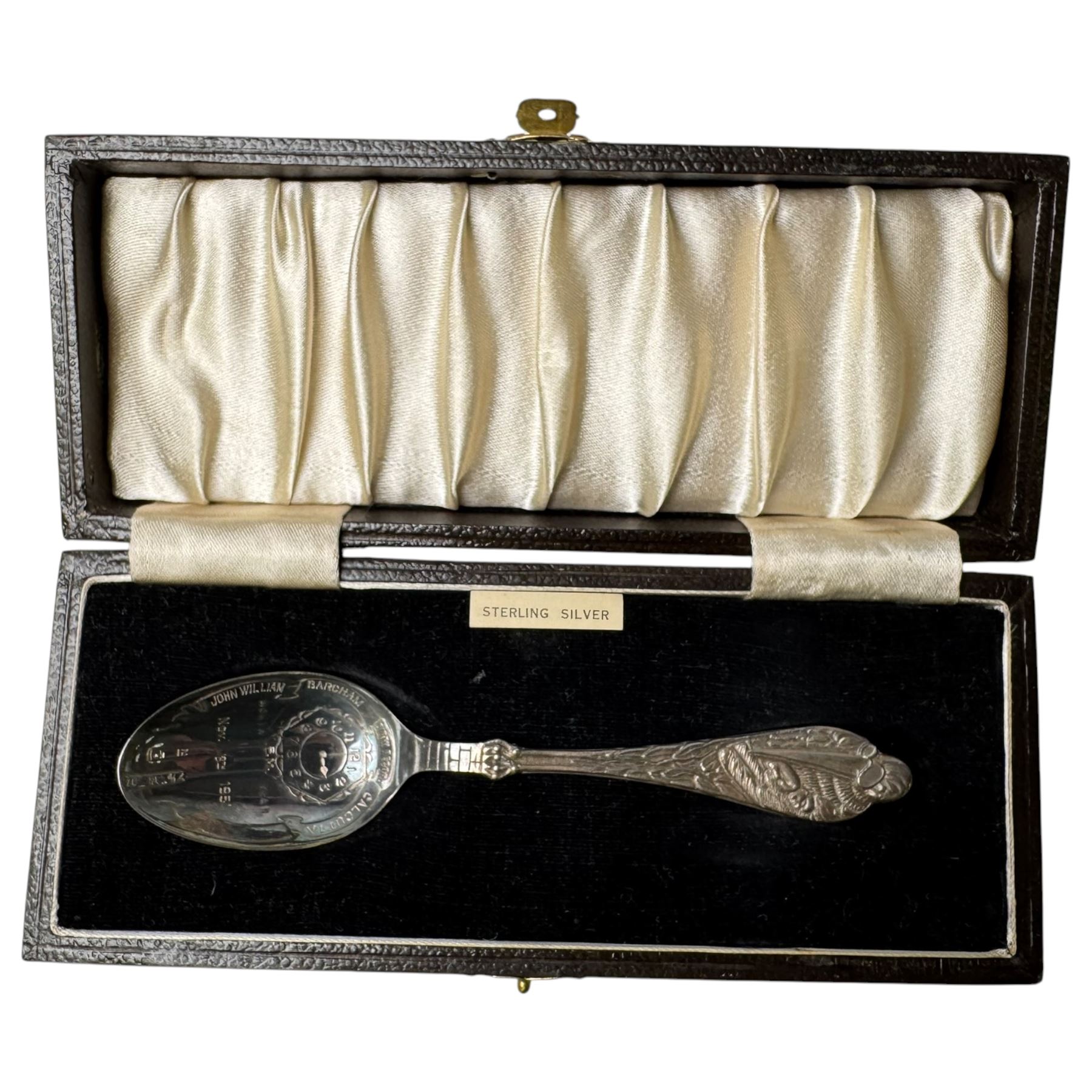 Silver cigarette case and birth record spoon, together with a silver plated hip flask