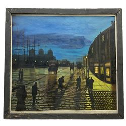 Northern British school (20th century): Night Workers on the Docks, oil on board unsigned 60cm x 64cm