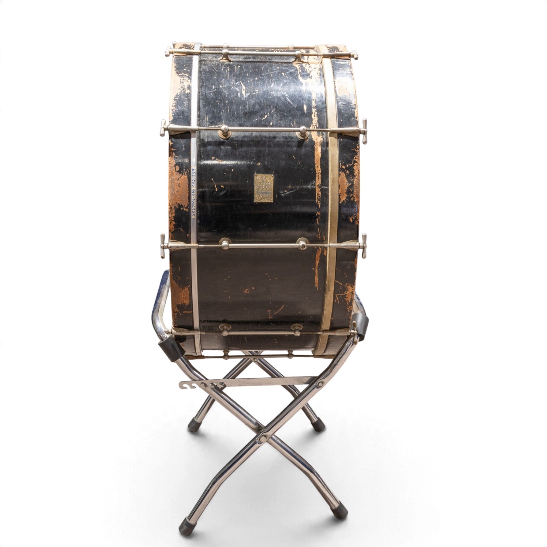 1930s Carlton Standard large concert bass drum, with Remo Fiberskyn 2 head, wooden shell and metal tension rods, on chrome cradle stand, with black hard carry case, D69cm