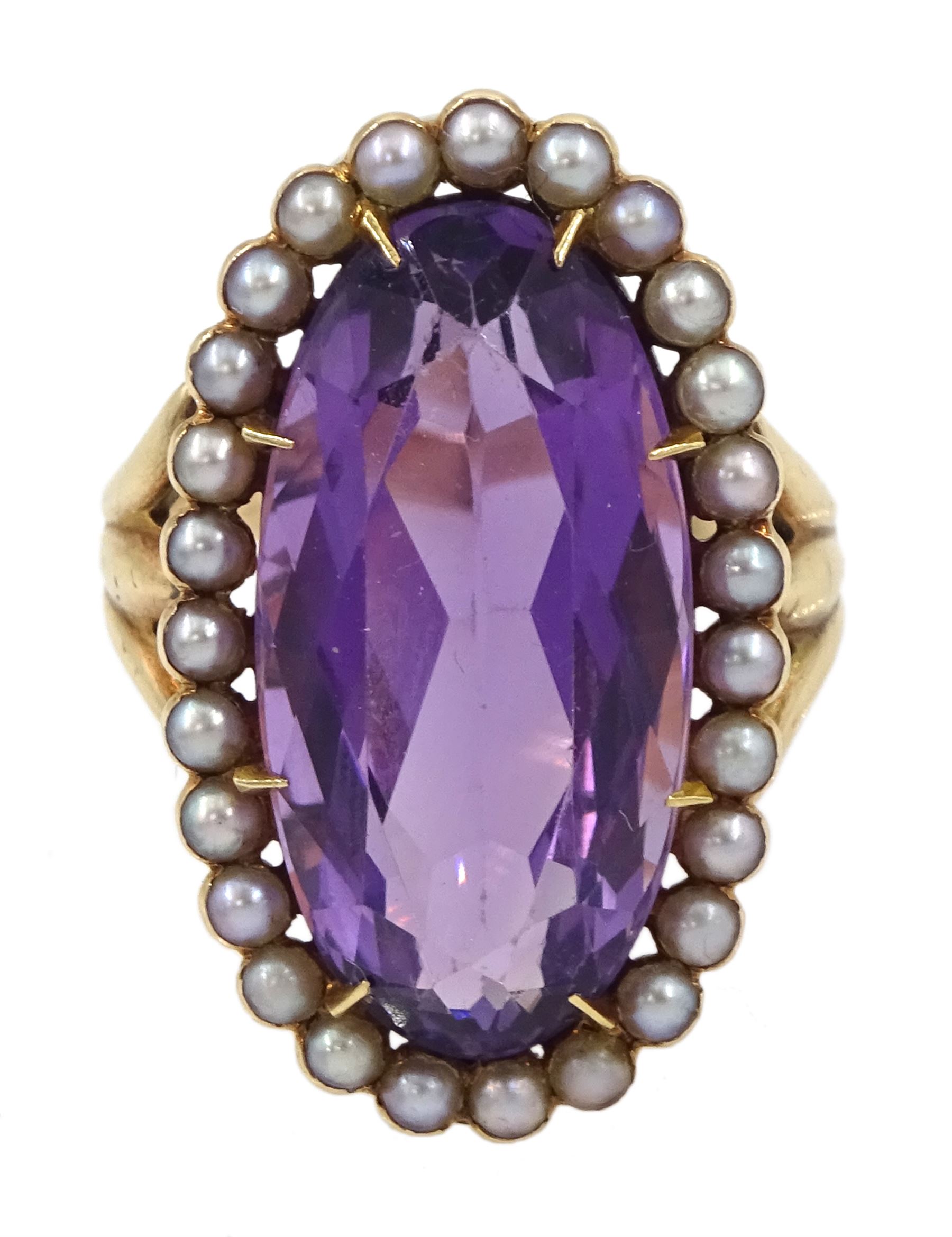 Victorian 9ct gold oval amethyst and seed pearl cluster ring, boxed