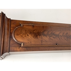 George III mahogany longcase clock, the hood with stepped moulded arch pediment above glazed door, fret work grille to each side, figured trunk door and base, enamel Arabic dial painted with country house scene and floral spandrels signed 'S. Wright, Watford', subsidiary seconds dial and date aperture, eight day movement striking the hours on bell, H212cm (two weights and pendulum)