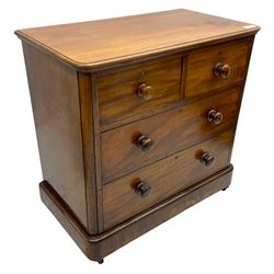 Jas Shoolbred & Co. Victorian mahogany chest, fitted with two short over two long drawers, on skirted base with castors, the top drawers stamped, with makers plaque to the back