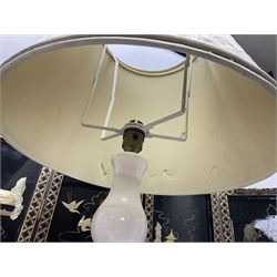 Soapstone table lamp, with carved floral stem, together with three other table lamps, metal candelabra and candlestick, Charles Burton Barber framed print and a Chinese table screen etc 