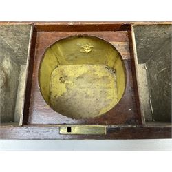 Walnut tea caddy of sarcophagus form, two division lidded interior with a later glass mixing bowl, upon four brass bun feet together with a walnut sewing box with mother of pearl inlaid decoration, tea caddy H16cm
