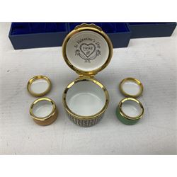 Group of seven Halcyon Days enamel boxes, each with affectionate inscriptions, including 'Wild about you', 'Don't ever change', 'Love you a bunch', etc., in six fitted boxes  