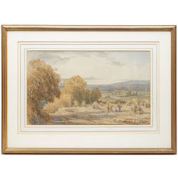 Georgina Martha de l'Aubiniere (British 1848-1930): Mother and Child among Haystacks, watercolour signed and dated 1876, 26cm x 44cm