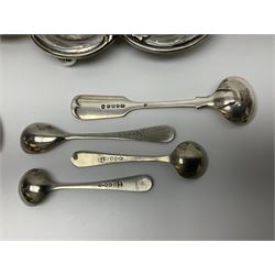 Sheffield silver-plated cruet set, comprising mustard pot, open glass salt and pepper pot on stand, together with a collection of silver plated spoons