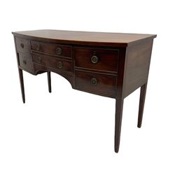 19th century mahogany bow front sideboard, fitted with five drawers, the right-hand double high cellarette drawer with lead lining, raised on square tapering supports with geometric ebony stringing