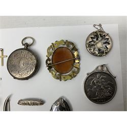 Silver charms including Pisces, money ring in box, Yorkshire rose and crown, on nickle bracelet, Victorian 1897 crown coin, silver-gilt opal and sapphire ring, silver ladies pocket watch, gilt cameo brooch, two commemorative coins, loose mounted on silver pendant necklaces and other Victorian and later jewellery