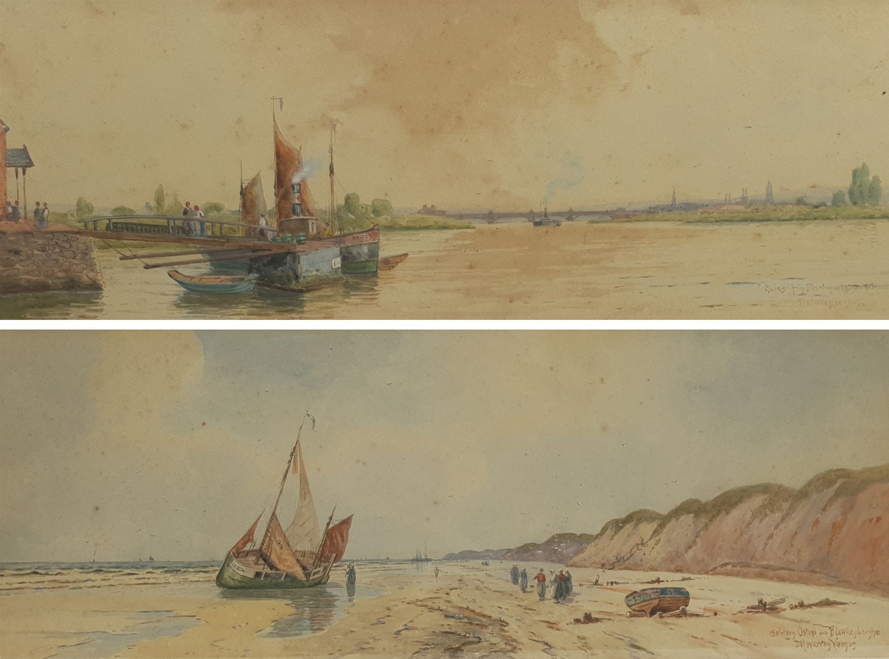 R Warren Vernon (fl.1882-1908): 'Between Ostend and Blankenberghe' and 'Mains from Biebrich on the Rhine Wiesbaden', pair watercolours signed and titled 21cm x 58cm (2)