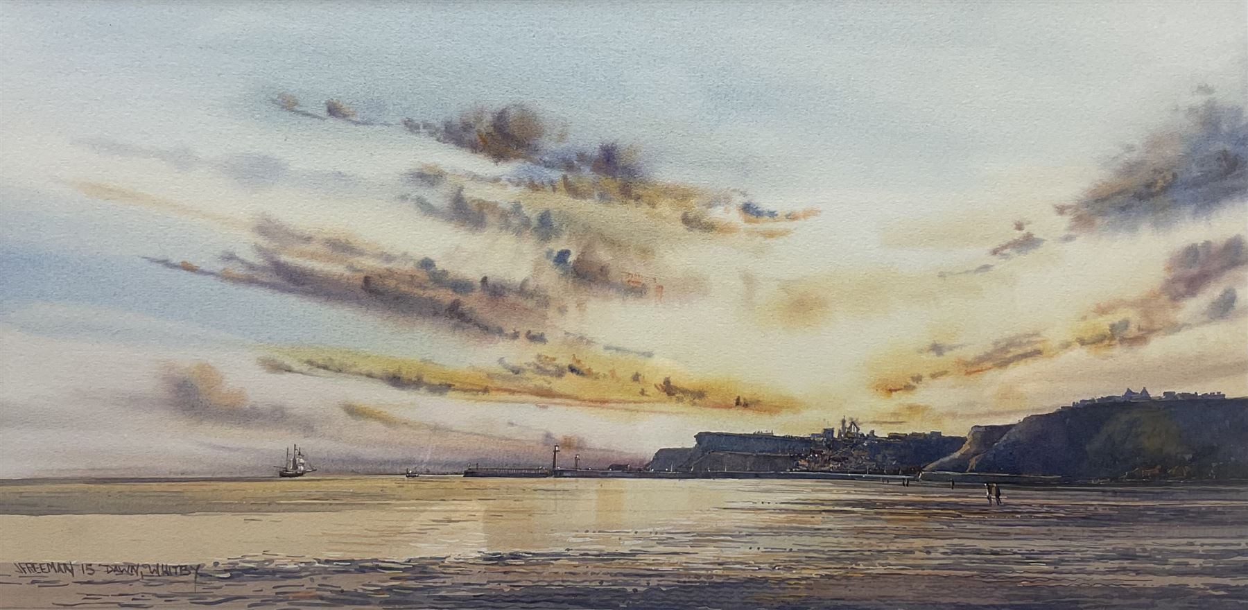 John Freeman (British 1942-): ‘Dawn - Whitby’, watercolour signed titled and dated ‘15, 25cm x 50cm