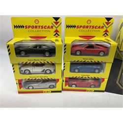 Seventeen Shell Sportscar Collection die-cast models including 1:24 scale Jaguar XJ220 by Maisto; and Bburago 1:20 scale die-cast model Mercedes Benz 500K Roadster (1936); all boxed (18)