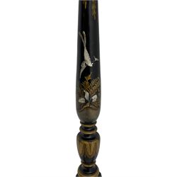 Early 20th century Chinoiserie lacquered torchère or plant stand, raised gilt decoration depicting birds in naturalistic scene, circular moulded top on turned column, three splayed supports