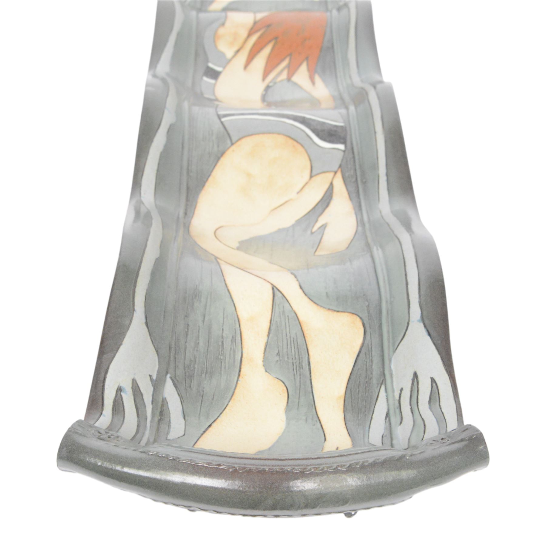 Studio pottery twin handled platter, of waved form, decorated with a female swimmer, L84cm, D22cm