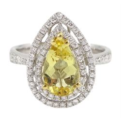 18ct white gold pear shaped golden/yellow beryl and round brilliant cut diamond cluster ring, hallmarked, beryl approx 1.35 carat 