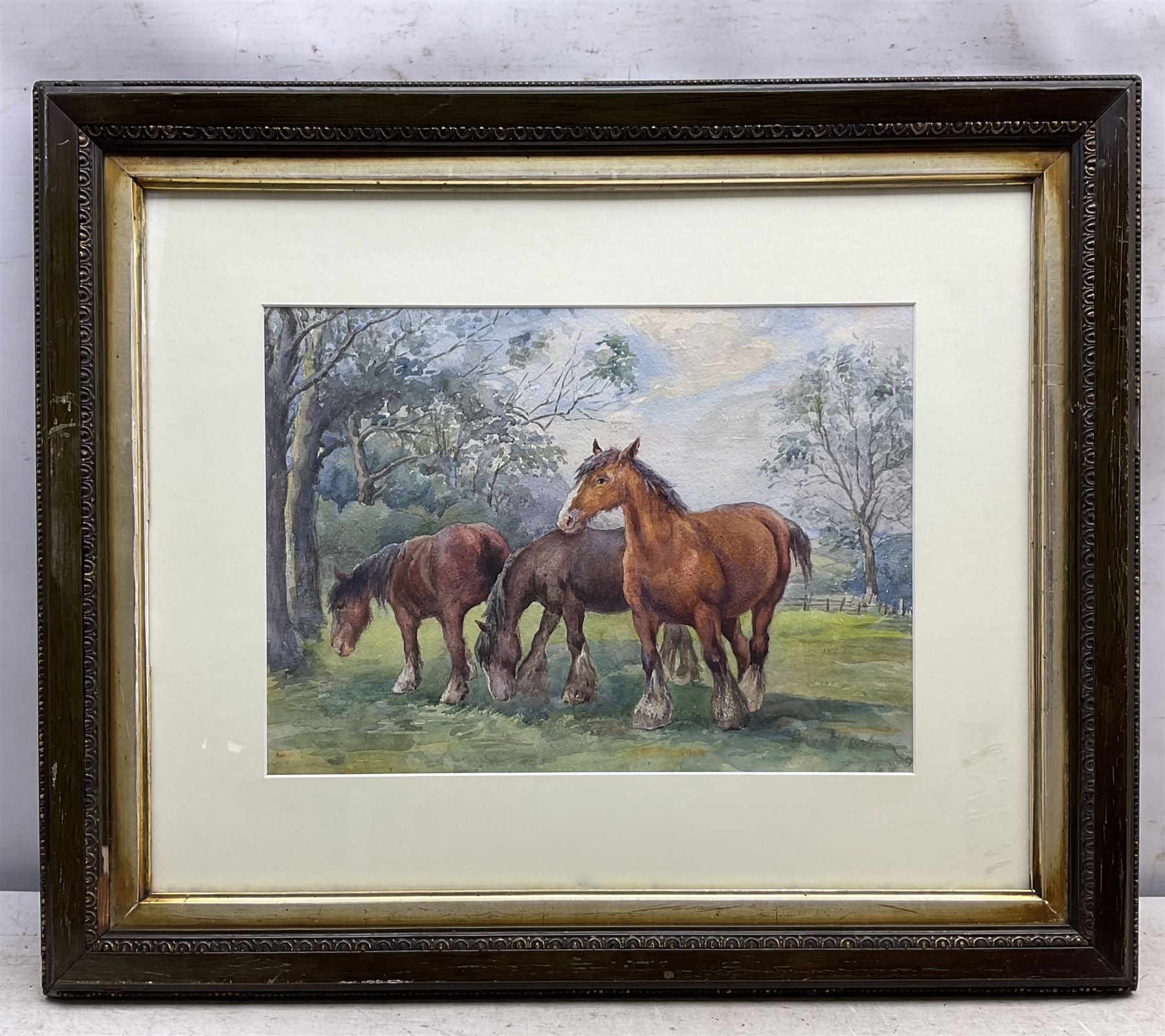 Manner of Rosemary Sarah Welch (British 1946-): Shire Horses Grazing, watercolour unsigned 26cm x 36cm 