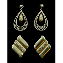 Pair of gold filigree design pendant earrings and one other pair of gold stud earrings, both hallmarked 9ct, approx 11.25gm
