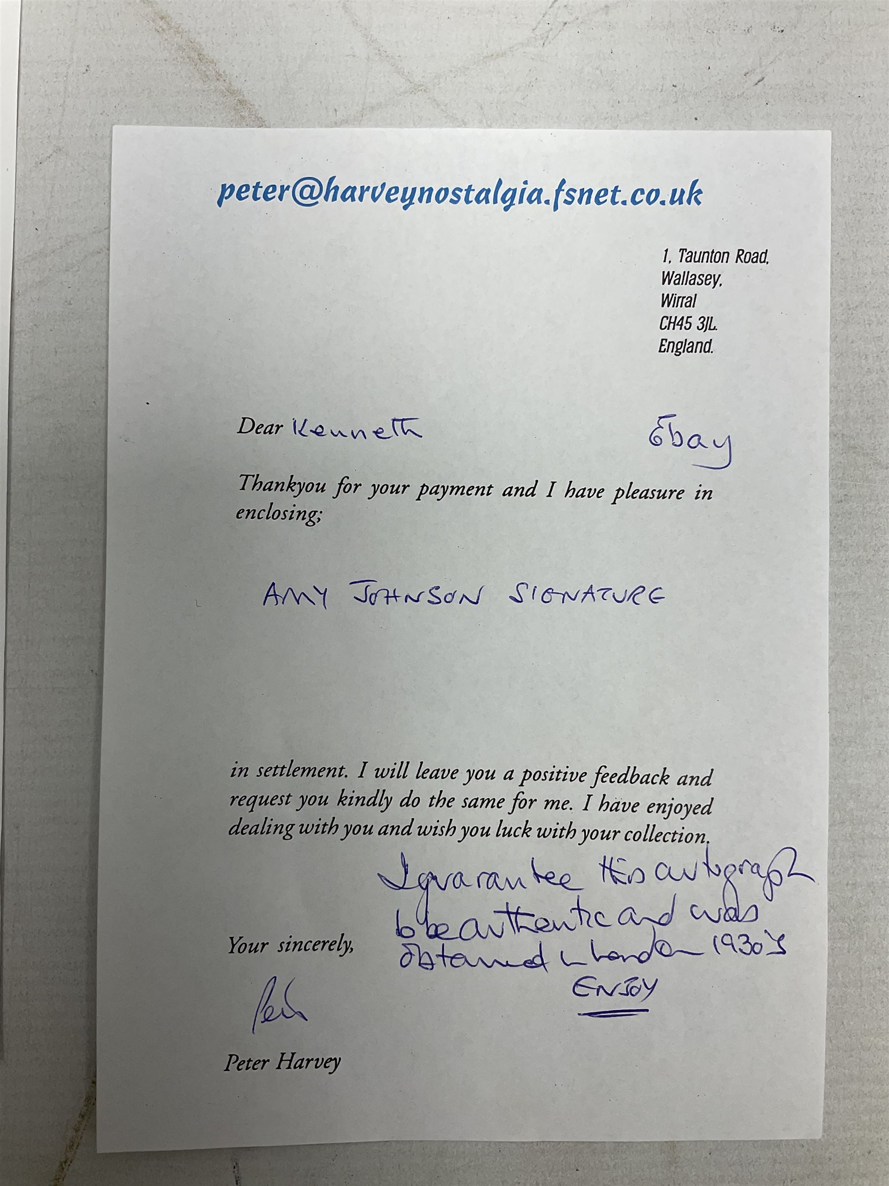 Amy Johnson (1903-1941) English Pioneer Aviatrix - signature on clipped album page; with CoA and photocopied image of 'Jason 1'; 6.5 x 8.5cm