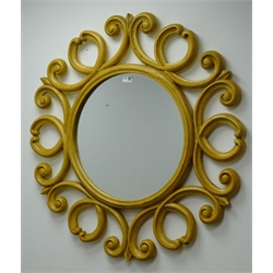  Circular bevel edged wall mirror, with scrolled frame, D91cm  