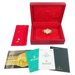 Rolex Oyster Perpetual Datejust Pearlmaster, ladies 18ct gold automatic wristwatch, Ref. 80318, serial No. P190714, white dial with Roman numerals, with diamond set bezel, boxed with additional link and guarantee dated 2001