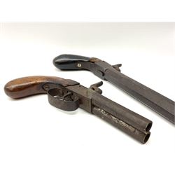 Mid-19th century percussion cap side-by-side double barrel pocket pistol with 7.5cm octagonal barrels and walnut bag stock L21.5cm; and Belgian 16-bore percussion cap pocket pistol with 16cm octagonal barrel, folding trigger and black painted wooden stock L27.5cm (2)