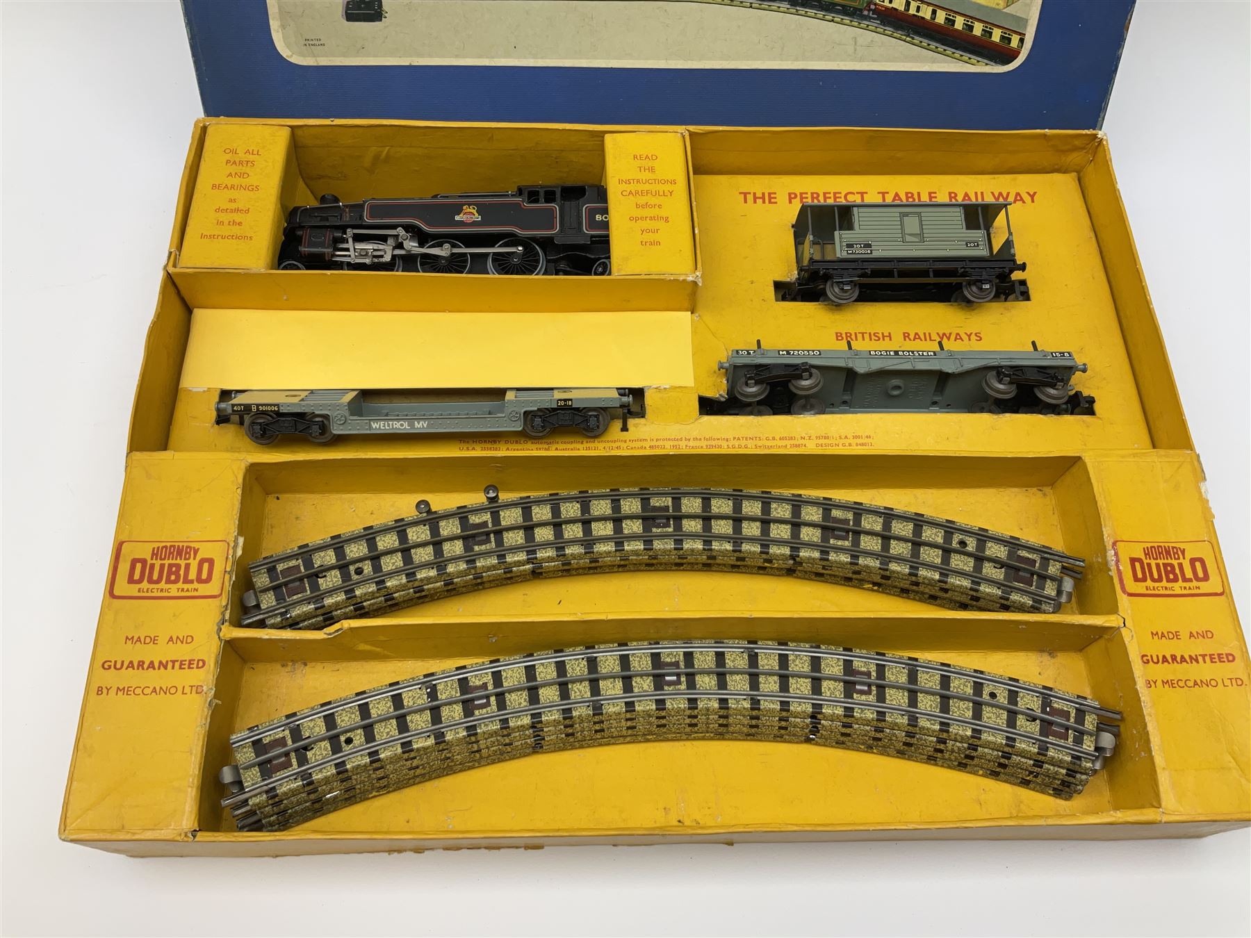 Hornby Dublo - three-rail EDG18 Tank Goods Train set with BR black 4MT Standard 2-6-4 tank locomotive No.80054, two wagons, brake van and quantity of track, boxed.