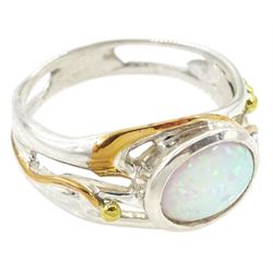 Silver and 14ct gold wire, single stone opal ring, stamped 925