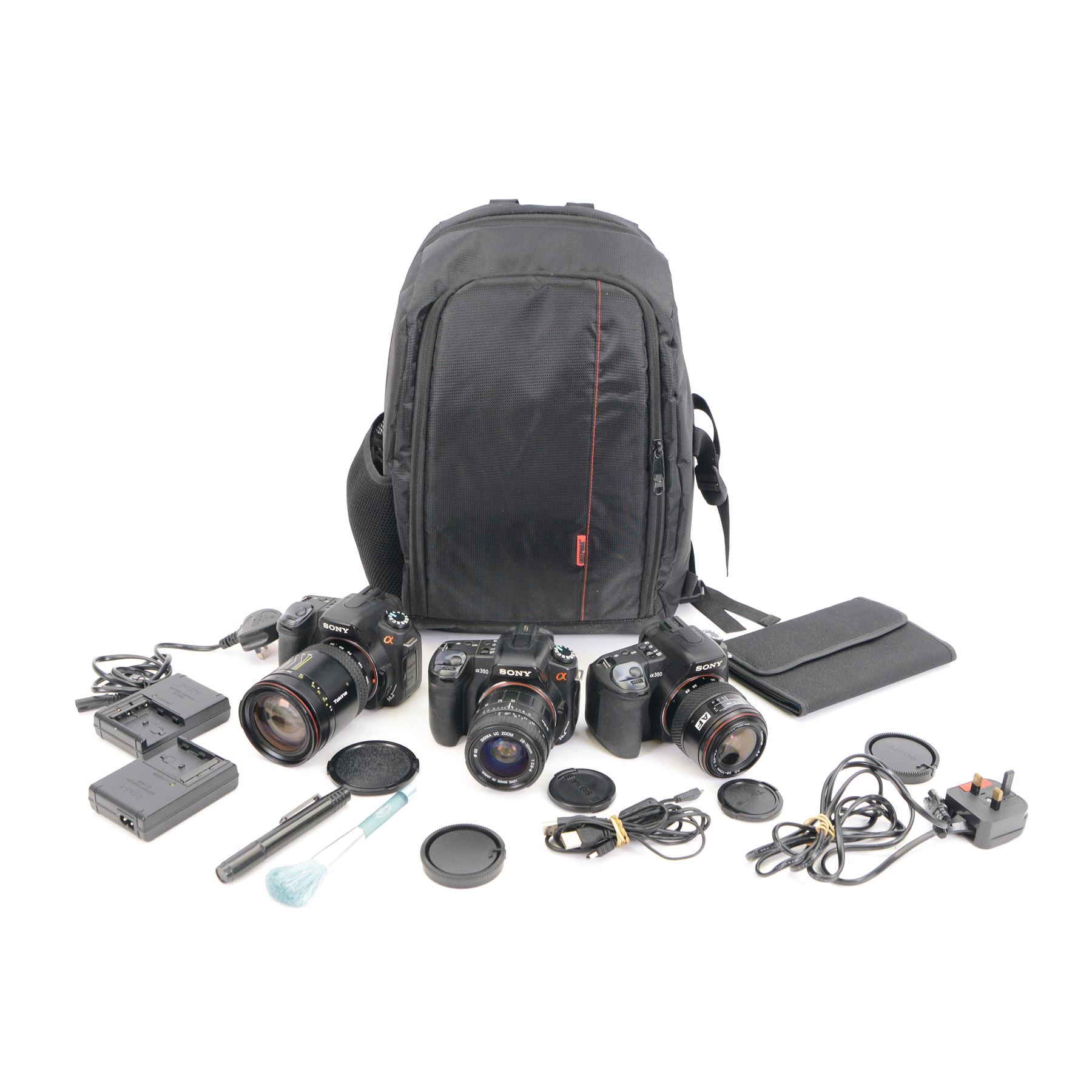 Three Sony Alpha A350 SLR camera bodies, serial nos. 2314724, 2318670 and 2251455, with three lenses comprising Sigma 28-70mm 1:2.8-4 zoom lens, Tokina AF SD 28-70mm 1:3.5-4.5 lens and a Tokina 35-300mm 1:4.5-6.7 lens, in a Inoepman carry case