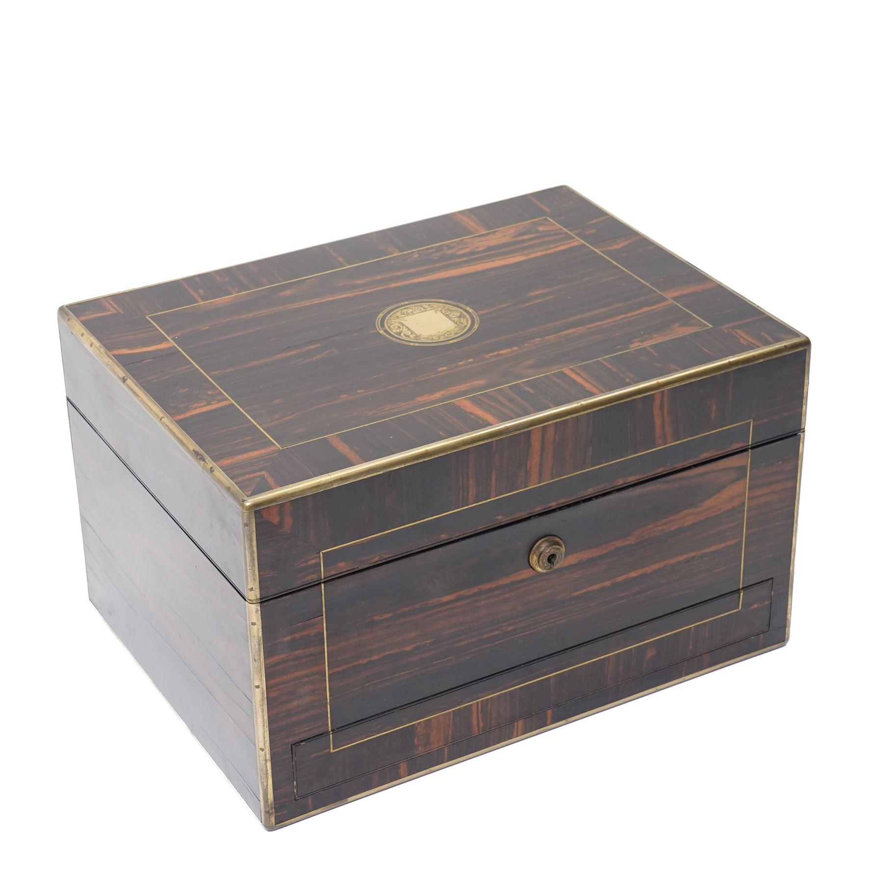 Victorian coromandel vanity box, revealing fully fitted interior with partial en suite vanity set, leather document pocket, the concealed draw accessed by pin mechanism, H18.5cm x W31.5cm x 23cm 