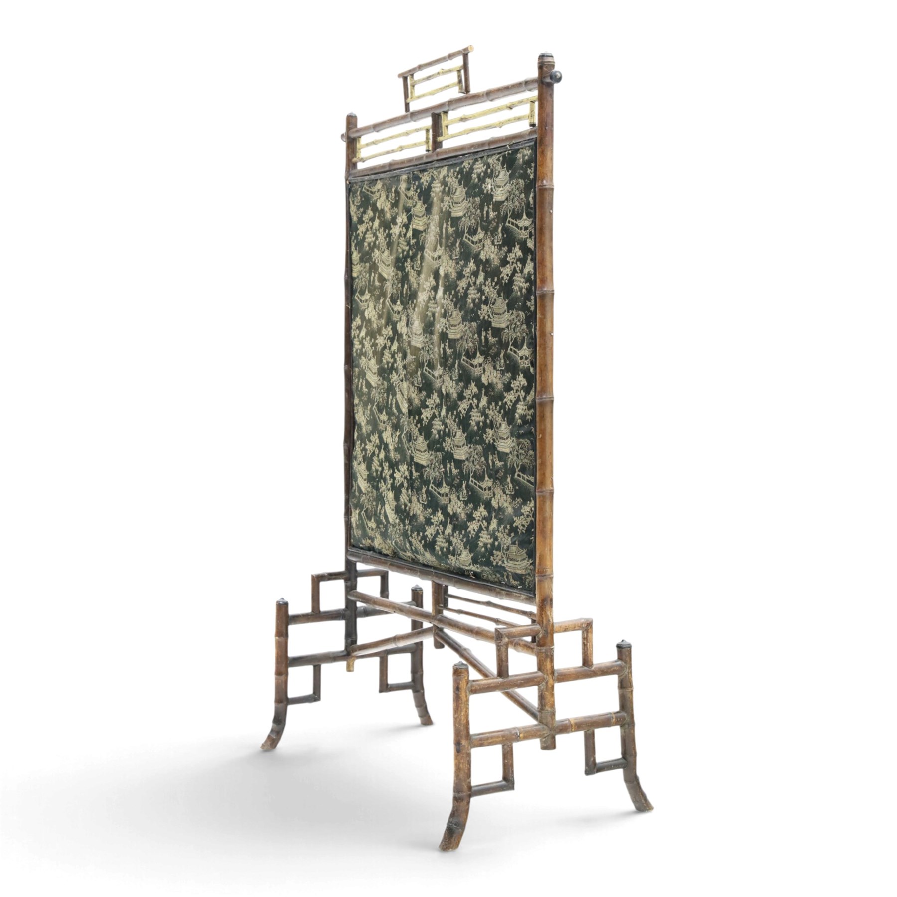 Victorian Aesthetic Movement bamboo framed fire screen, geometric bamboo frame with gilt elements, later applied fabric panel