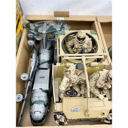 H.M. Armed Forces - Tactical Battle Tank with figure and Desert Quad Bike, both boxed; Jackal vehicle with three figures; Helicopter with pilot; Transport Plane; two additional figures and quantity of clothing and weapons