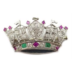 White gold naval crown brooch set with diamonds, emeralds and rubies  