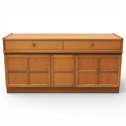 Nathan - 'Squares' low media sideboard, rectangular top over two drawers, above signature square panelled cabinet doors revealing storage for records, on a recessed base