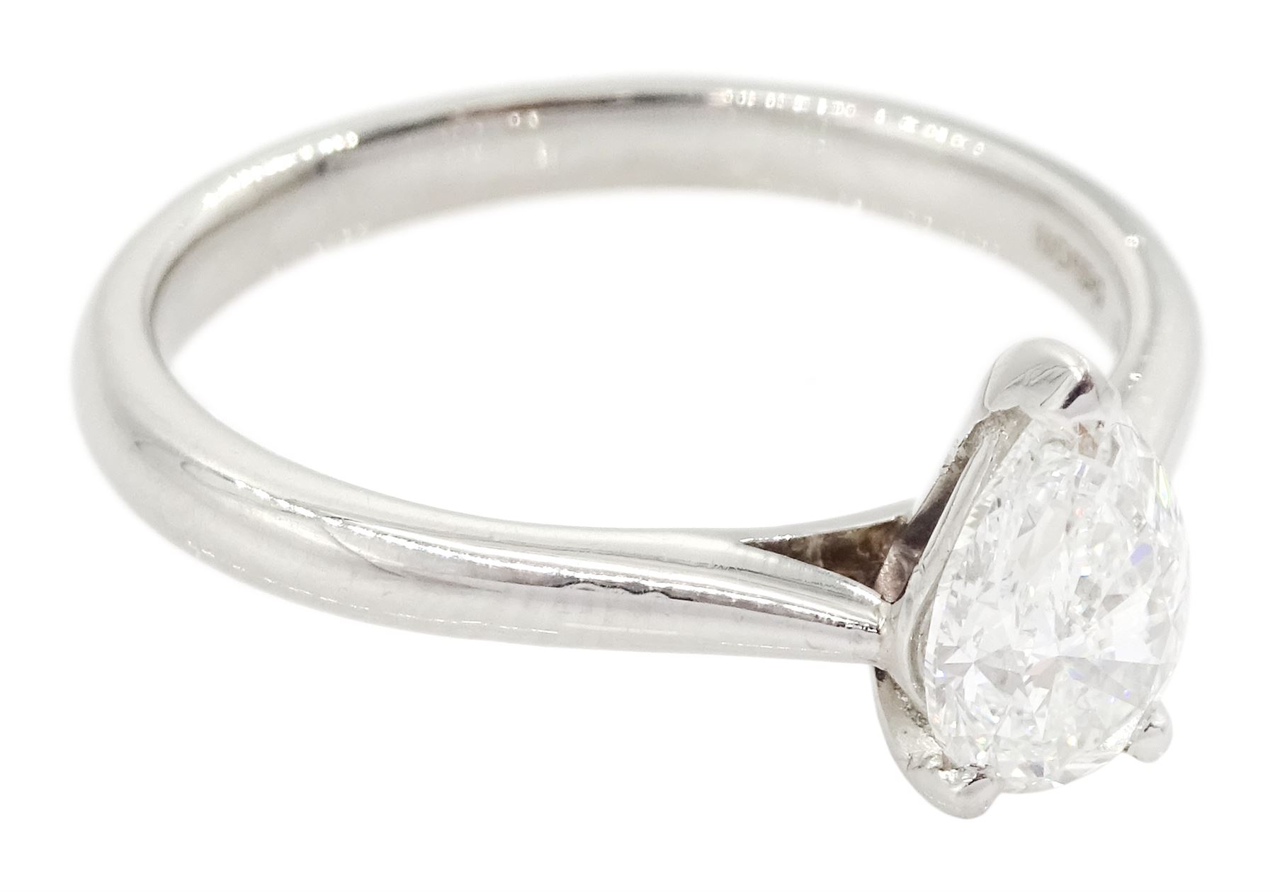 Platinum single stone pear cut diamond ring, hallmarked, diamond 0.90 carat, colour G, clarity SI1, with GIA laser registry