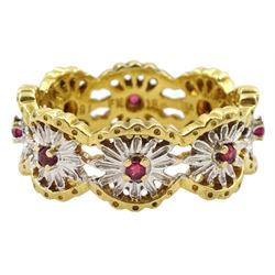 18ct white and yellow gold ruby open flower design eternity ring, stamped 750