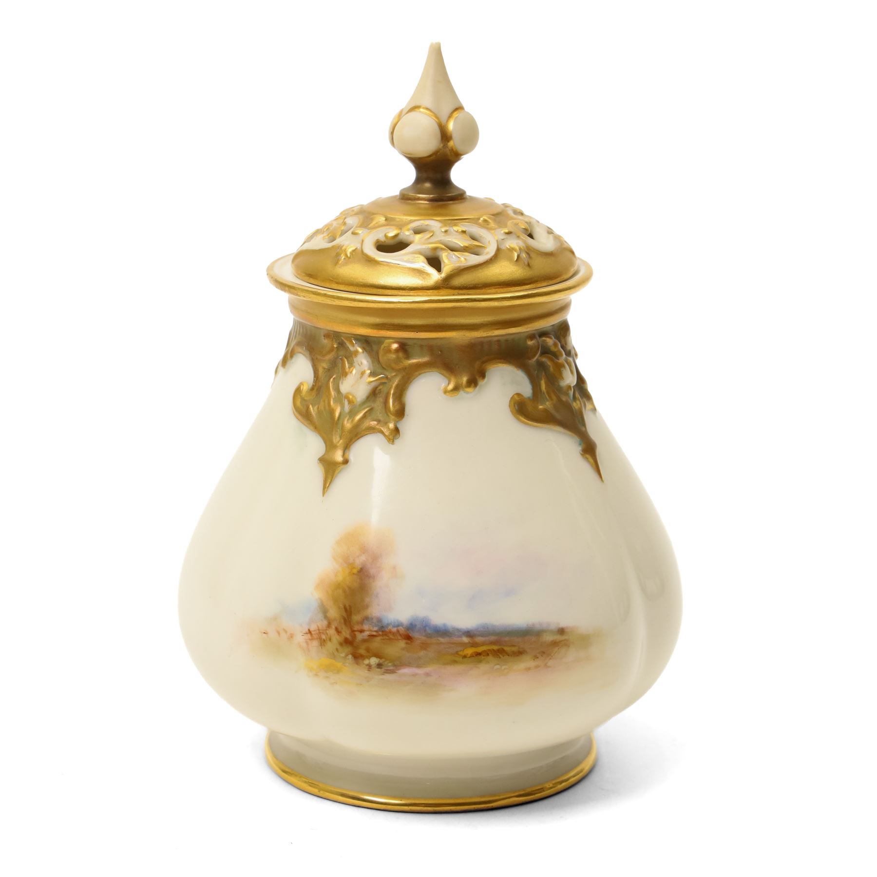 Royal Worcester Pot Pourri with pierced cover, the quatre lobed body painted with two sheep in a moorland setting by Harry Davis, date code for 1923 H17cm