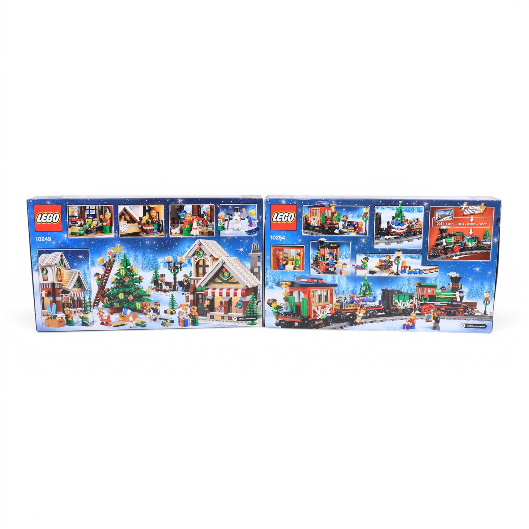 Two Lego Creator sets, comprising Winter Toy Shop no. 10249 and Winter Holiday Train no. 10254, both boxed