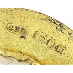 Christopher Nigel Lawrence limited edition silver and parcel gilt surprise mushroom, the textured domed cover opening to reveal two elves carolling beneath a lantern and before a fire pit set with semi-precious stones, upon a slate base, no 24/250, hallmarked Christopher Nigel Lawrence, London 1982, overall H9cm