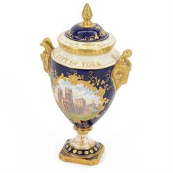 Coalport pedestal vase and cover, of ovoid form, painted by P Gosling, The City of York, commissioned by Mulberry Hall to Commemorate The 1000th Anniversary of the Founding of the City of York, printed mark beneath, H26cm