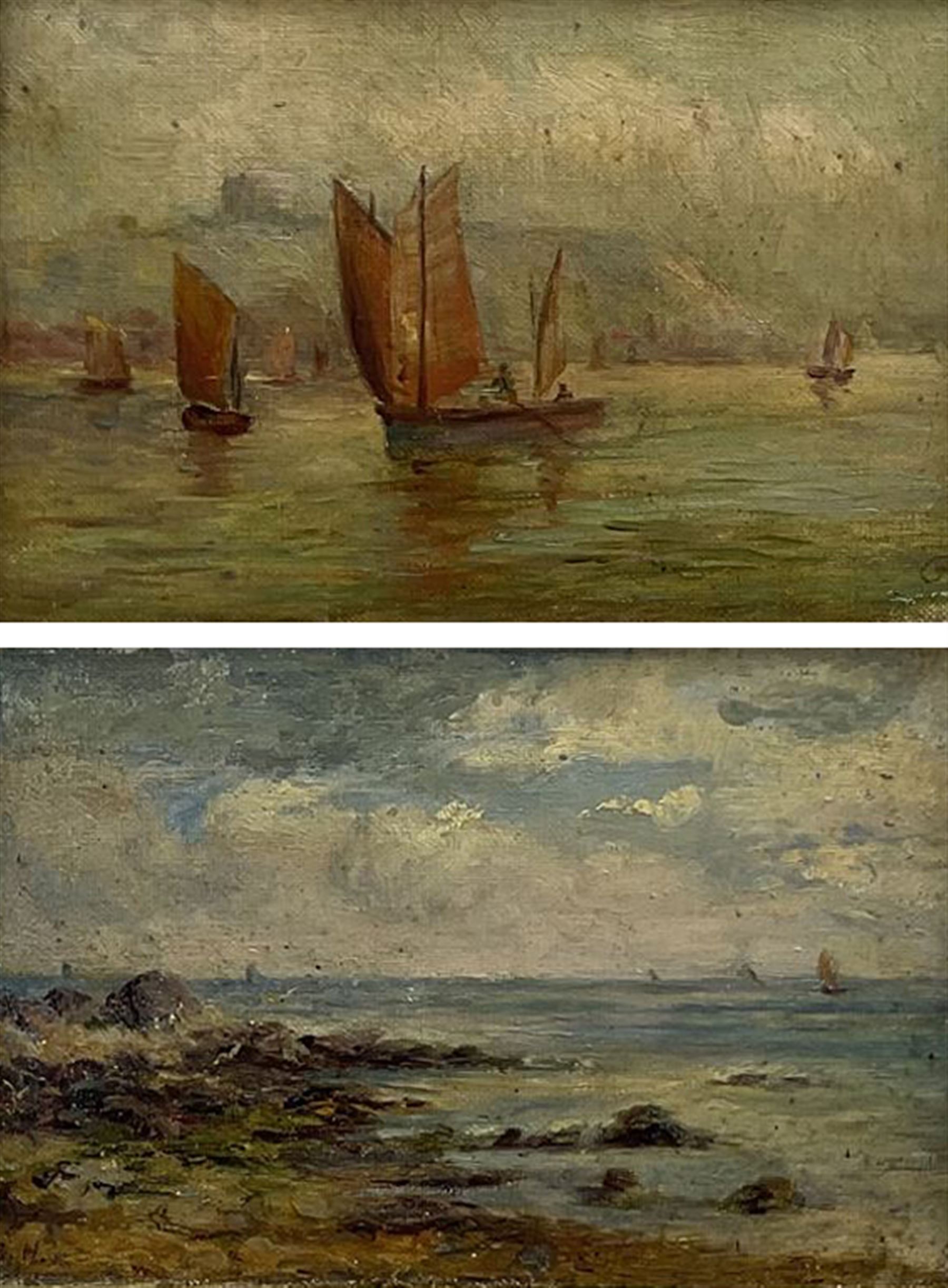 Attrib. Gertrude Hudson (British 1878-1958): Fishing Boats at Scarborough and the Beach, pair oils on board signed with initials GH, 12cm x 19cm (2) 
Notes: Hudson was a pupil of and model for Mark Senior, and the sister-in-law of Senior's daughter. She never took to painting full-time, hence why her art very rarely appears on the market, and making a firm attribution difficult.