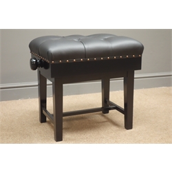  Adjustable piano stool, deeply buttoned upholstered top, studded detail, square tapering legs joined by stretchers, W59cm, H50cm, D40cm  
