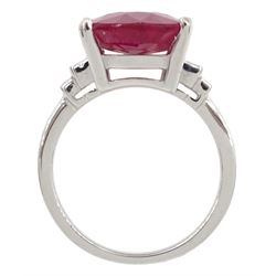 18ct white gold oval ruby and baguette cut diamond ring, hallmarked, ruby approx 8.20 carat