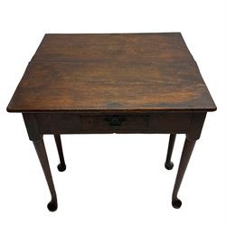 18th century elm side table, rectangular fold-over over single drawer, single gate-leg action base, on cabriole supports