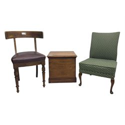 Late 19th century elm hall chair, curved backrest with leather upholstered seat, on turned supports (H81cm, W51cm), early 20th century mahogany commode, hinged lid opening to ceramic liner (H44cm, W47cm, D44cm), late Victorian upholstered nursing chair in green patterned fabric (H79cm, W49cm)